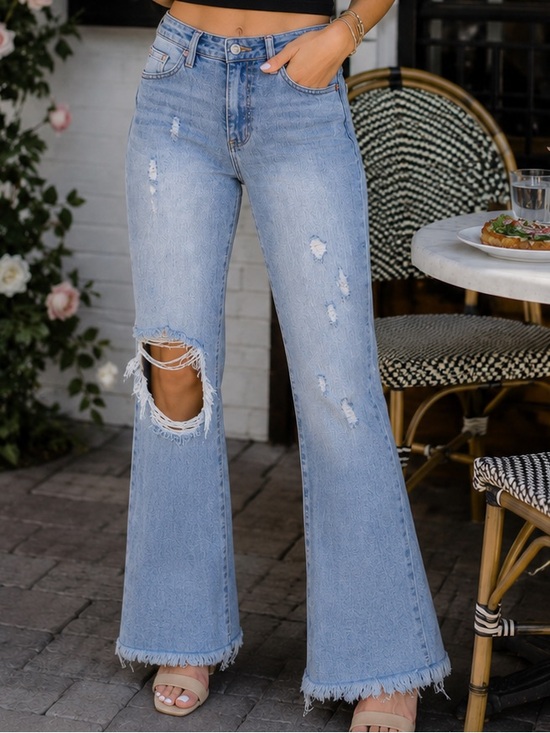Risen Jeans Denim - Risen Light Wash Distressed Wide Leg Jeans Raw Hem High Rise Size 5/27
